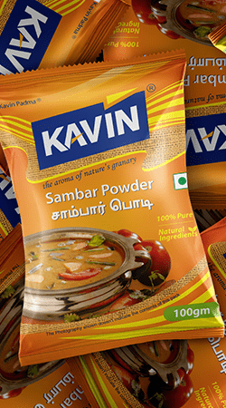Kavin Sambar Powder Graphic Design, Branding Packaging Design in udumalpettai by Creative Prints thecreativeprints