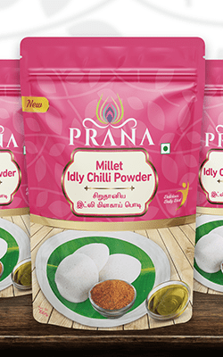 Prana Idly Chilli Powder Graphic Design, Branding Packaging Design in komarapalayam by Creative Prints thecreativeprints