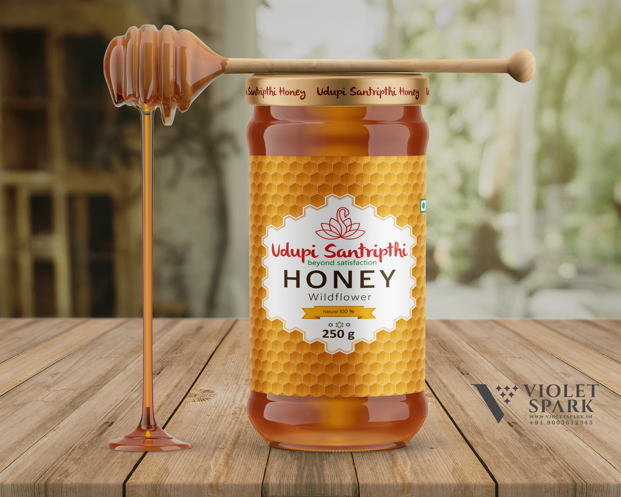 Udupi Santripthi Brand Honey Bottle Lable Design Branding Packaging Design Digital Marketing in Chennai by Violet Spark