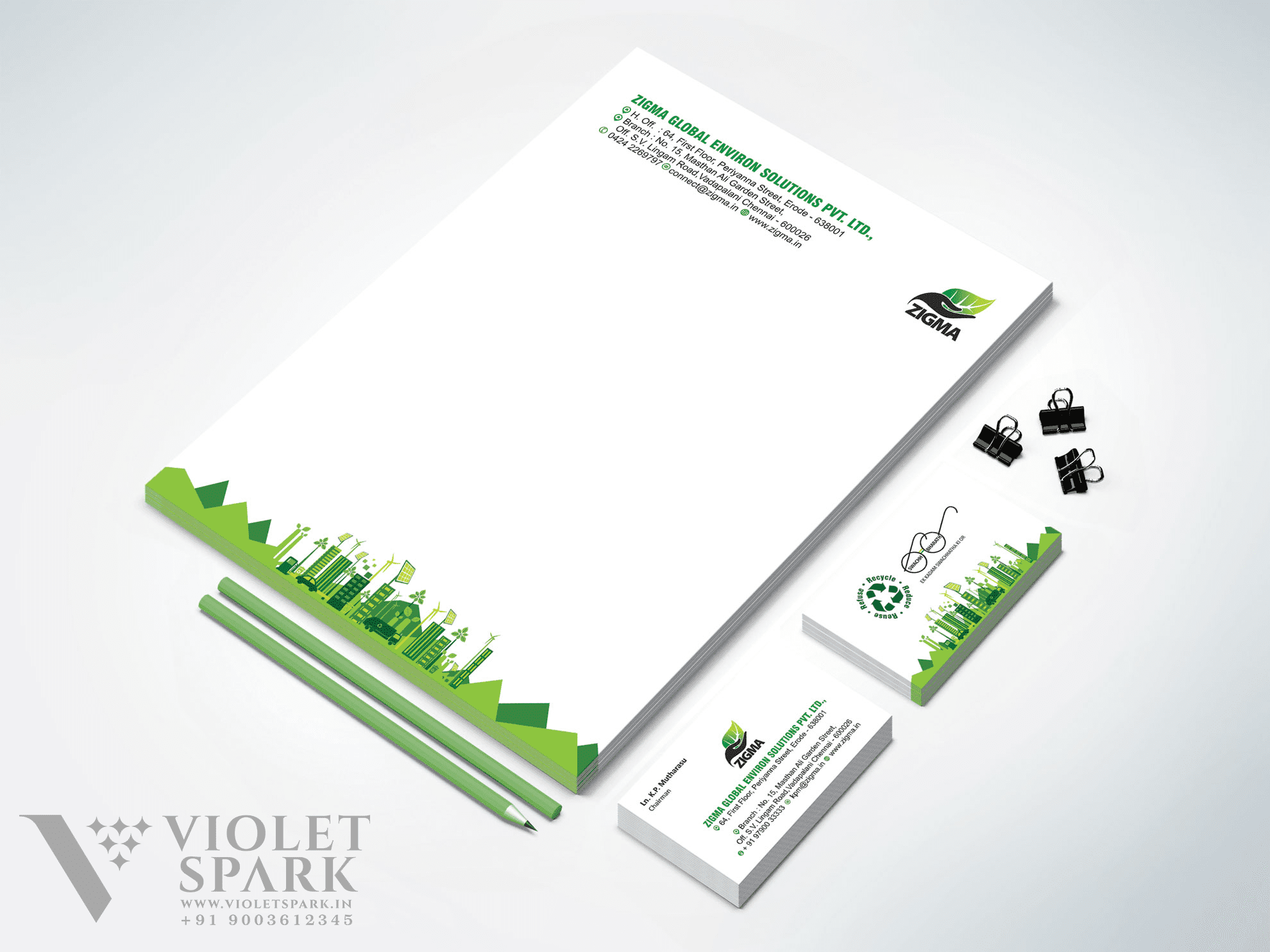 Zigma Global Environ Solutions Pvt Ltd Stationary Set Branding & Packaging Design in Chennai by Violet Spark